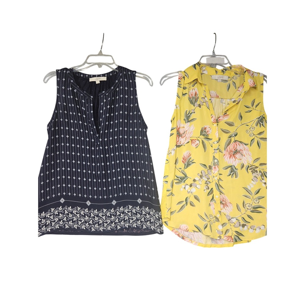 Lot of 2 LOFT Women Small Sleeveless Blouse Lot Navy Geometric Yellow Floral